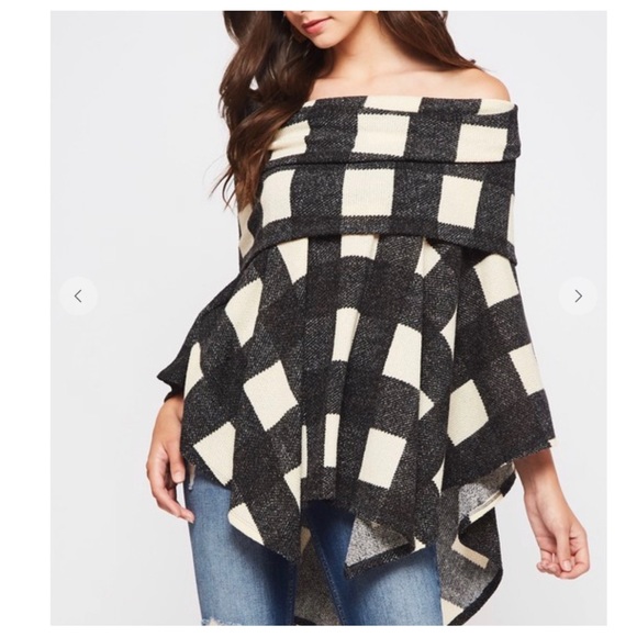 #22 Boho Tartan Plaid Sweater Poncho - Picture 3 of 5